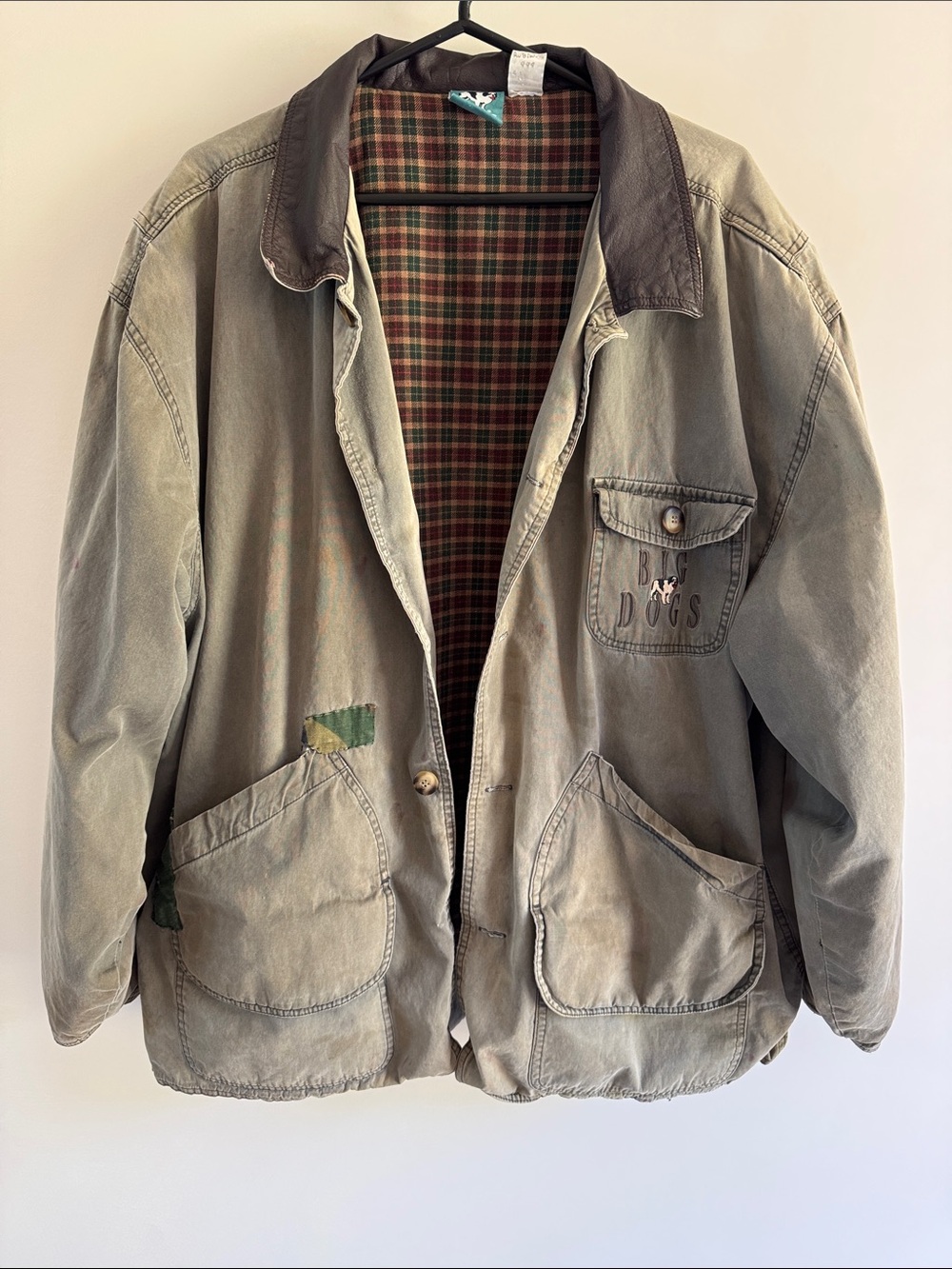 vintage big dogs army green chore coat jacket leather collar size xl distressed